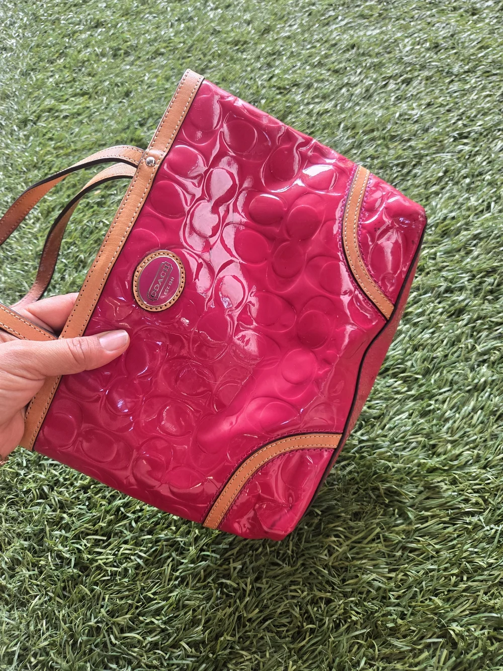 COACH Glossy Red Patent Mini Tote with Tan Trim